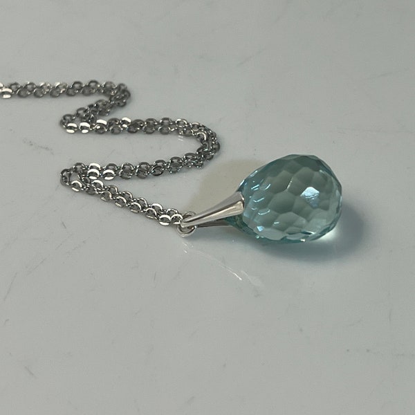 Aqua blue faceted teardrop glass pendant silver tone stainless steel necklace