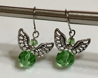 Handmade Earrings Glass Peridot Beads Silver Pewter Angel Wings Spring Earrings on Silver Niobium Earwires Oscarcrow