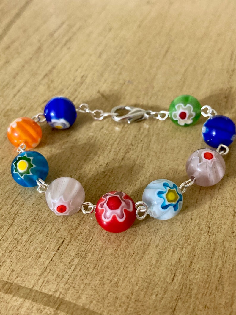 10mm Flower glass beads silver links bracelet Multi color beads Girls small bracelet