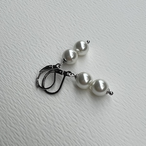 8mm Two Pearls White Shell Pearl Silver Plated Dangle Earring, Simple Small Pearl Earring, Pearl Dangling, Faux Pearl, Jewelry Gift Idea