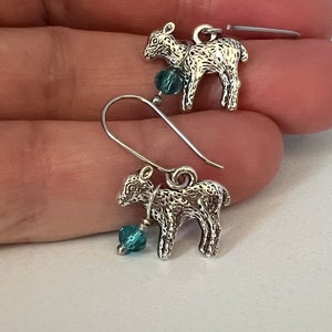 May include: Silver lamb earrings with teal blue crystal accents.