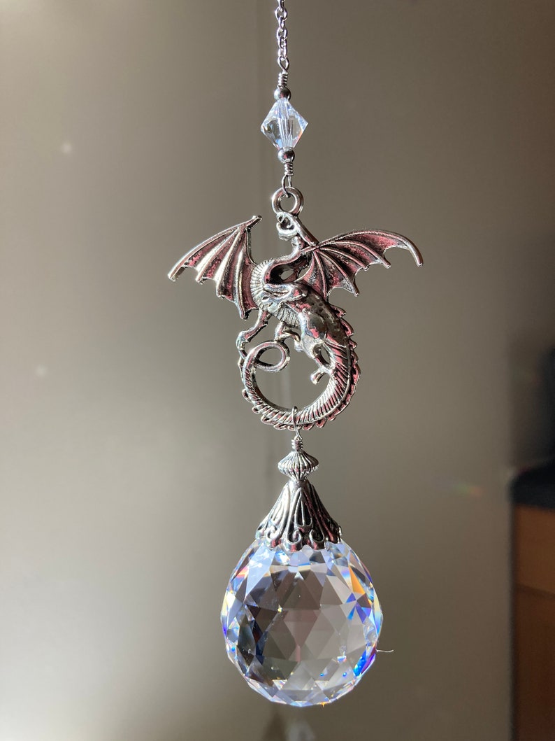 Celtic silver dragon sun catcher crystal prism hanging ornament White dragon pendant Antique silver image 2