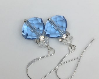 Faceted Blue Crystal Glass Silver Dangle Earrings Crystal Jewelry Light Sapphire Sky Blue Crystal Glass Blue Drop Earrings Transparent Blue