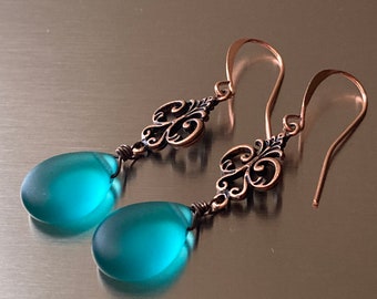 Smooth Frosted Glass Teardrop Briolette Copper Dangle Glowing Earring Sea blue