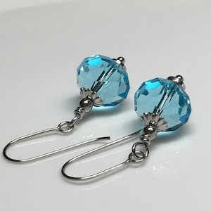 Aqua Blue Crystal Glass Rondel Silver Tone Stainless Steel Lever Backs Earrings