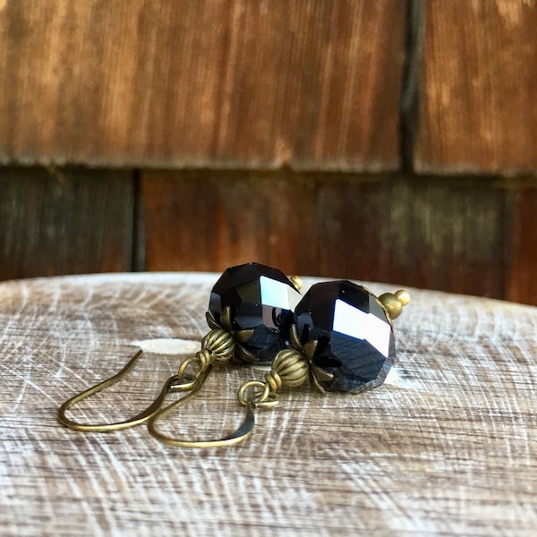 14mm Black Faceted Rondelle Crystal Glass Beads Earrings, Black Crystal Earring, Black Opaque Bead Earring, Large Black Bead Earring