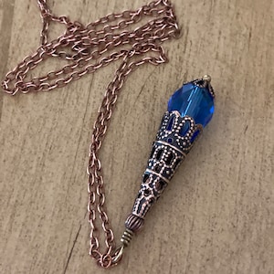 Cobalt Blue Copper Tone Teardrop Vintage Style Filigreed Pendant Necklace