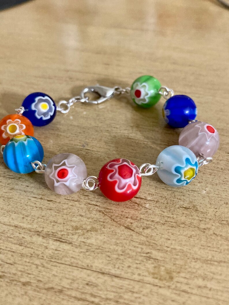 10mm Flower glass beads silver links bracelet Multi color beads Girls small bracelet