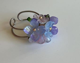 Bague fleur tanzanite violette en acier inoxydable, fleur en acrylique, bijoux d'été et de printemps