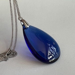 Mother’s Day Gift Royal Blue Teardrop Pendant Silver Necklace, Cobalt Blue, Woman 30” Necklace With Blue Smooth Glass  Pendant