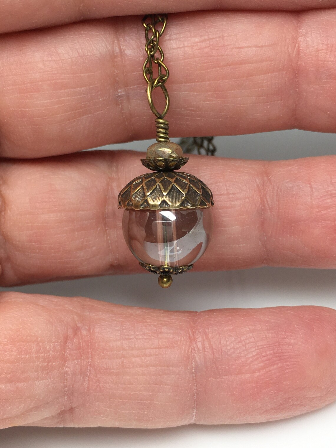 Clear Glass Acorn Pendant Bronze Necklace Woman Jewelry Etsy
