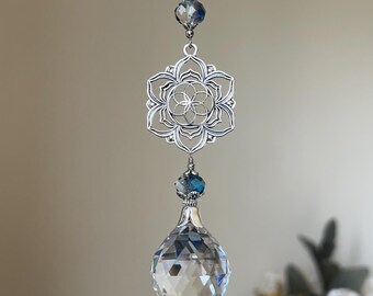 Large Lotus Silver Flower SunCatcher Crystal Pendant