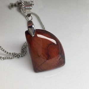 Geometric Red Jasper Stone Pendant Silver Tone Stainless Steel Necklace Women Jewelry