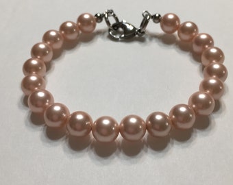 8mm Pink Shell Pearls Wired Beaded Stainless Steel  Silver Woman Bracelet, Gifts For Grandmother, Wedding Jewelry, Light Pink