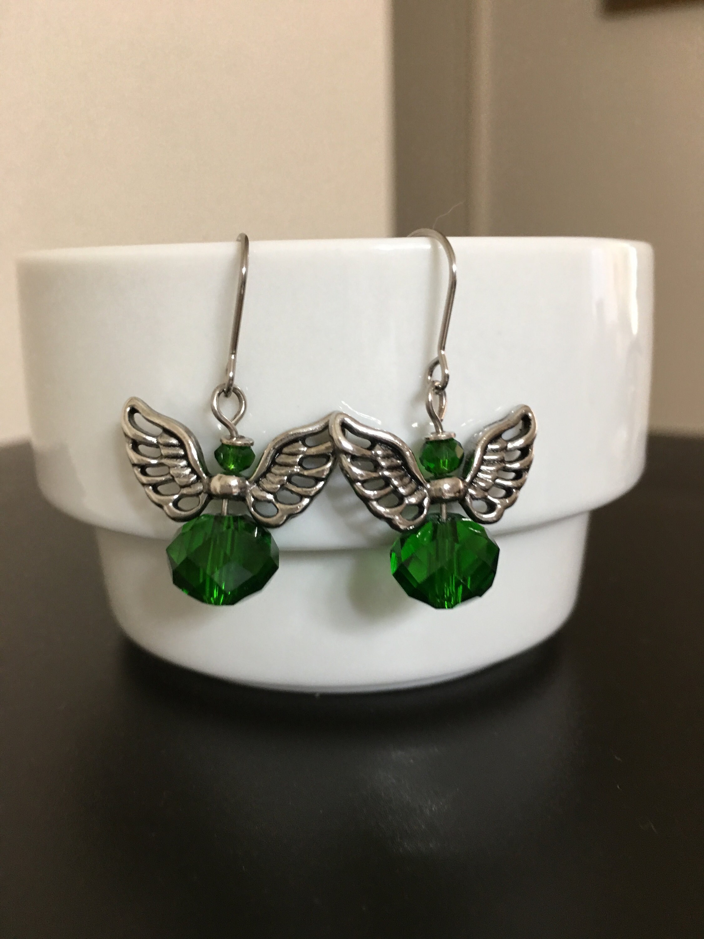 Emerald Green Earrings Small Angel Dangle Earrings Green Crystal Glass ...