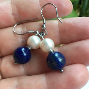 Lapis lazuli gemstone earrings, Pearl silver, Woman  earrings, Jewelry,  Blue earrings, Dangle, Dangling, Drop,  For her, Gifts for moms