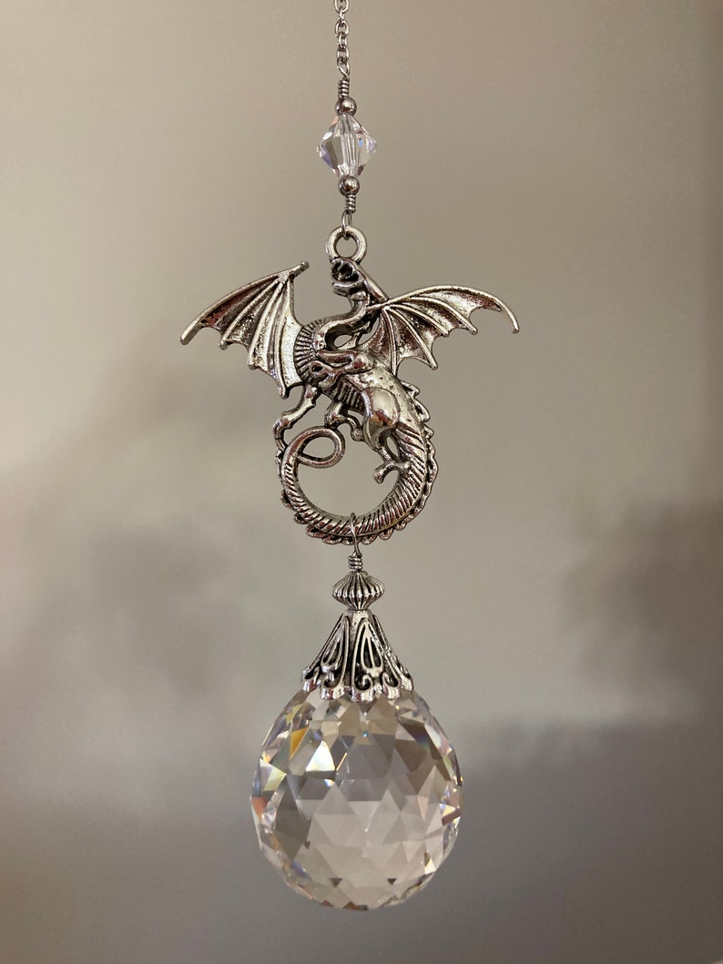 Celtic silver dragon sun catcher crystal prism hanging ornament White dragon pendant Antique silver image 9