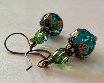Montana blue faceted crystal glass bronze dangle earrings Blue green Antique bronze Victorian style
