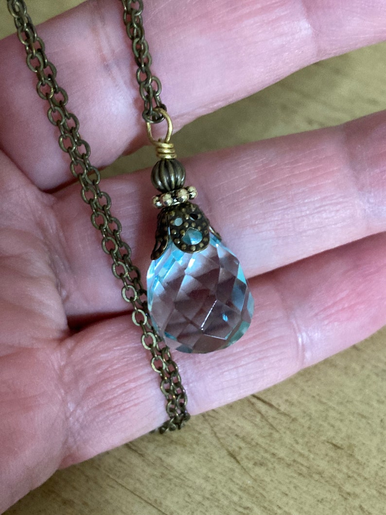 Aqua Blue Teardrop Faceted Glass Pendant Dainty Antique Bronze Etsy