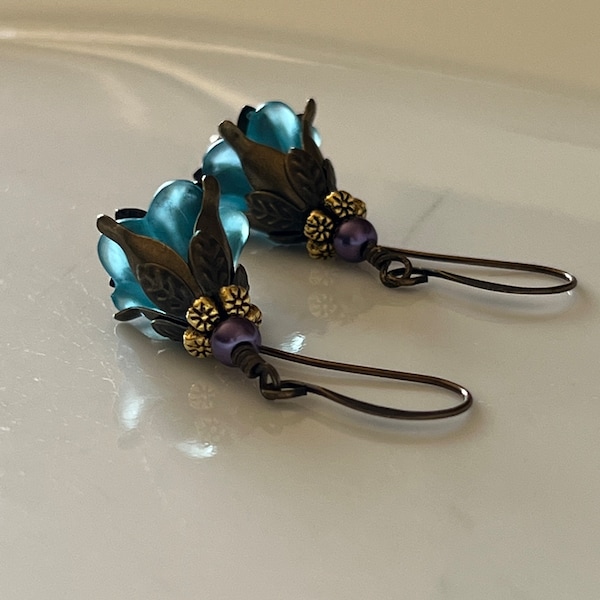 Blue Purple Fairy Flower Vintage Style Bronze Dangle Earrings Whimsical Flower Jewelry