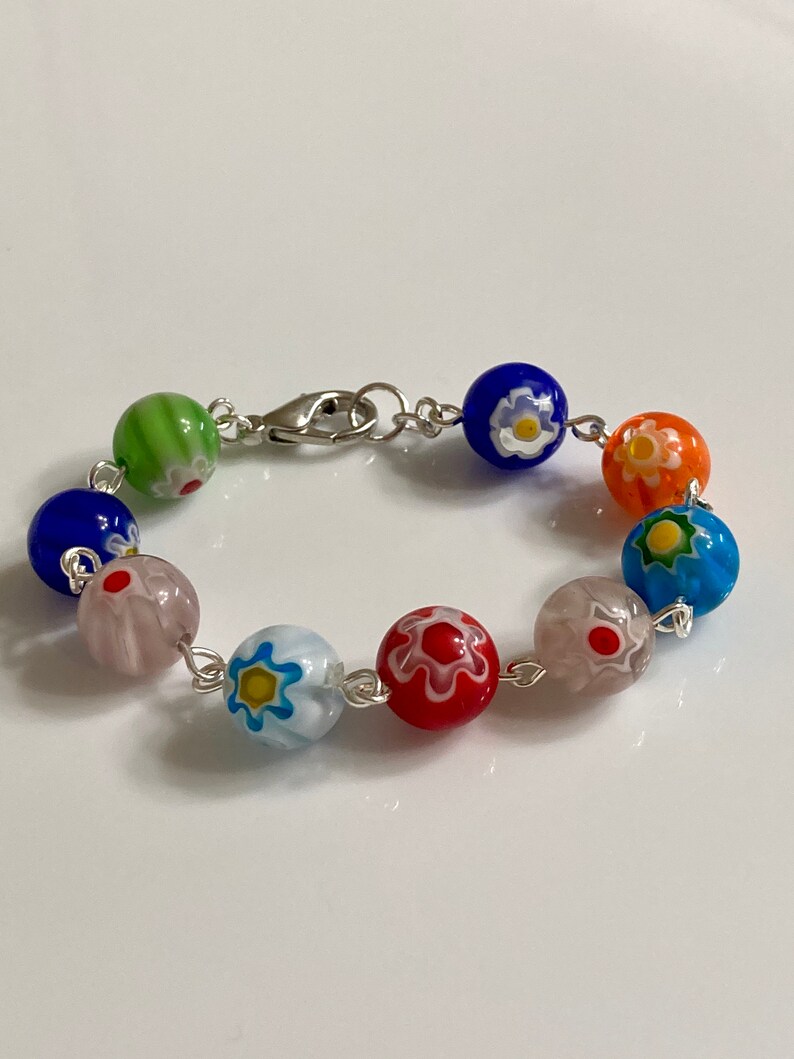 10mm Flower glass beads silver links bracelet Multi color beads Girls small bracelet