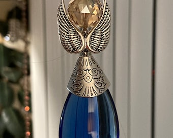 Blue teardrop angel pendant silver ornament  winged angel royal blue honey yellow