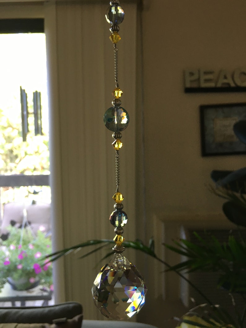 Feng shui crystal Windows sun catcher crystal drop ball Blue yellow House warming Vitrail glass Hanging prism Gifts for homes