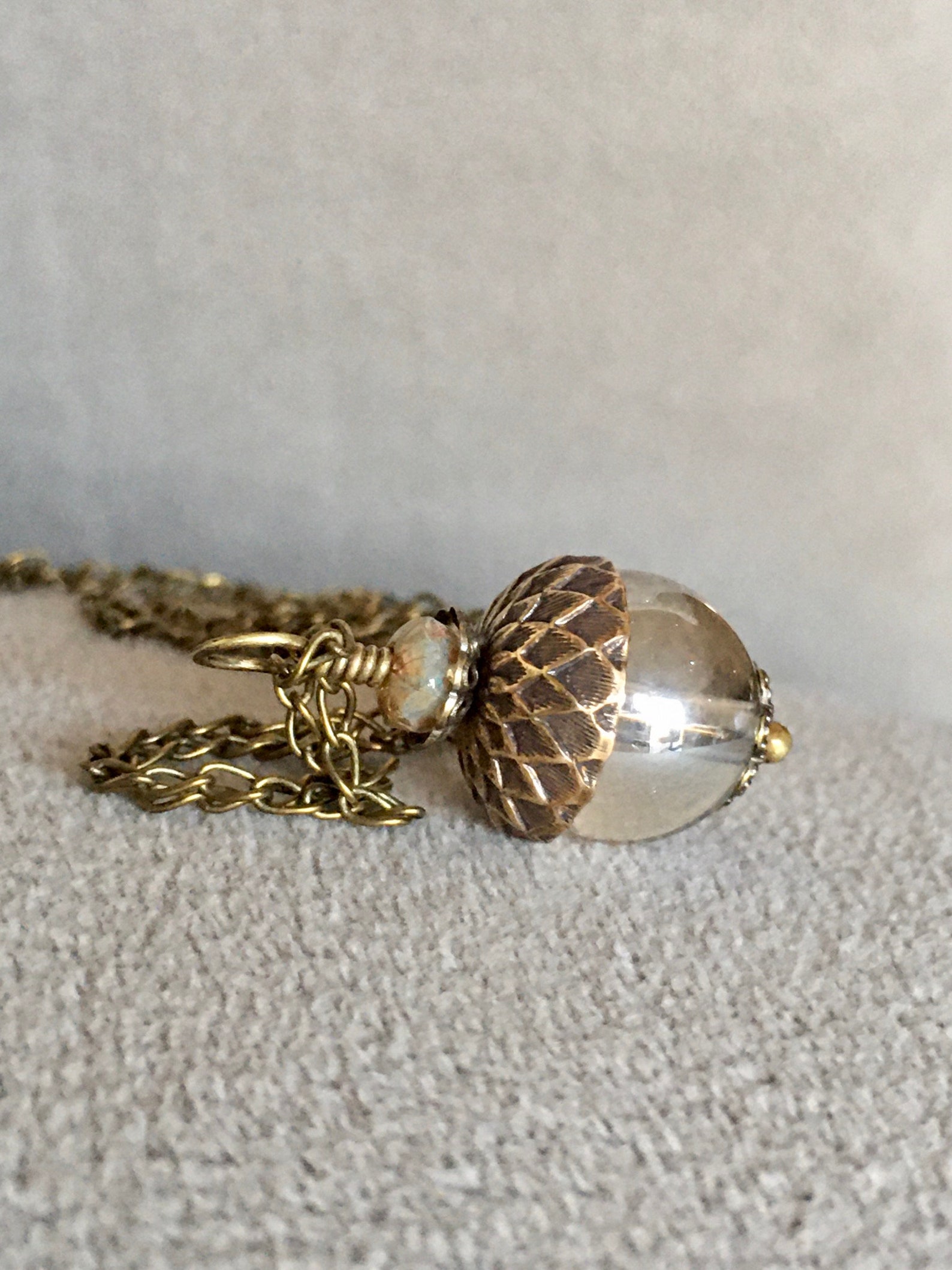 Clear Glass Acorn Pendant Bronze Necklace Woman Jewelry Etsy