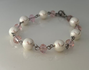 7” White Shell pearl and soft pink crystal glass bracelet