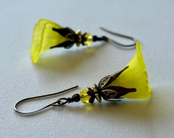 Bright Yellow Lily Flowers Fairytale Jewelry Bronze Brass Dangle Earrings