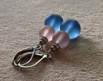 Blue frosted glass silver dangle earrings Beach glass Sapphire blue and pink Stainless steel