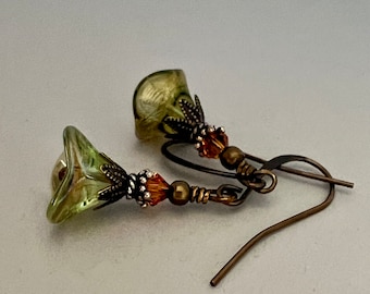 Romantic Green and Yellow Bell Flower Dangle Bronze Earrings