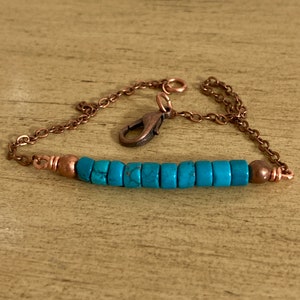 Blue turquoise heishi bar bracelet, Copper jewelry, Antique copper chain bracelet, 4 mm beads bracelet, Friendship  bracelet, Teens jewelry