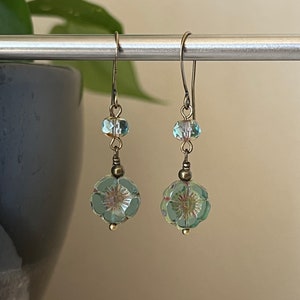 Rustic light blue flower glass brass bronze dangle earrings