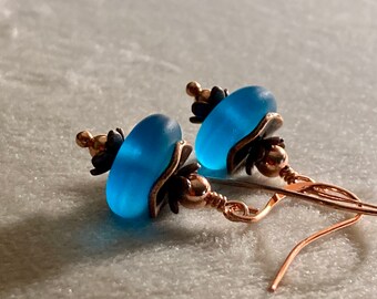 Frosted blue sea glass copper dangle earrings  pacific blue beach glass