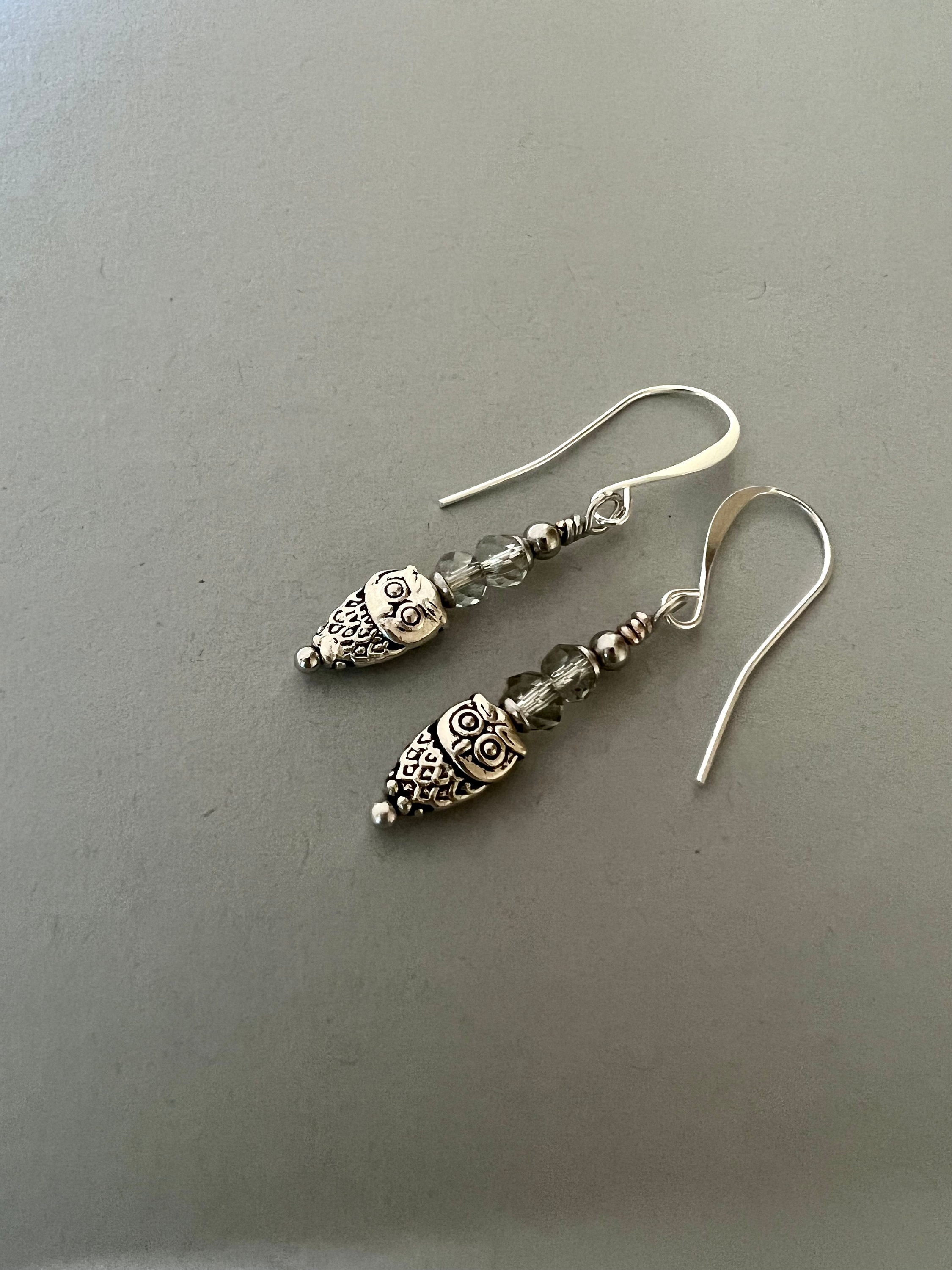 Small Owl Silver Dangle Earrings Light Gray Crystal