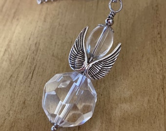 Clear glass angel pendant silver tone stainless steel necklace