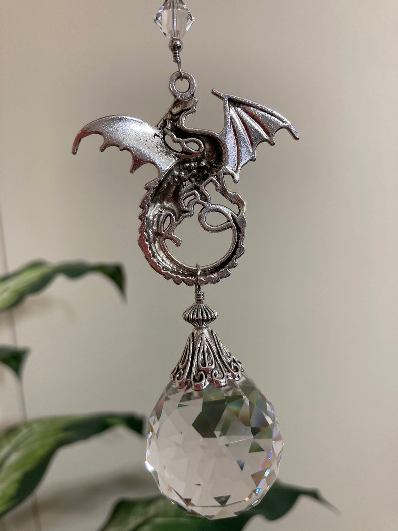 Celtic silver dragon sun catcher crystal prism hanging ornament White dragon pendant Antique silver image 8