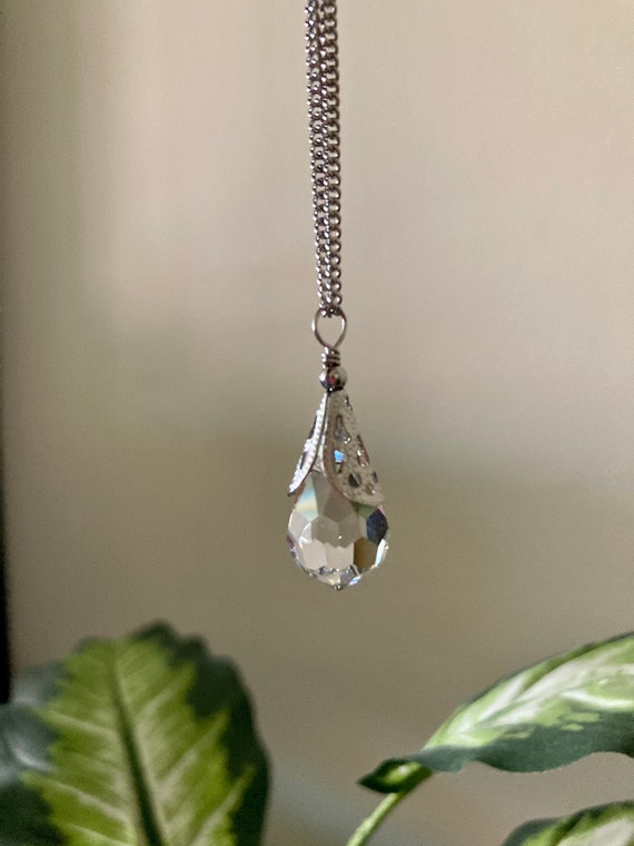 Crystal Water Drop Pendant Necklace – 925 Sterling Silver Chain, Cubic Zirconia, UK Seller