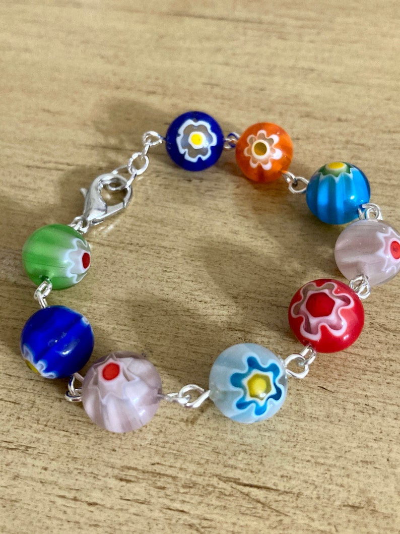 10mm Flower glass beads silver links bracelet Multi color beads Girls small bracelet