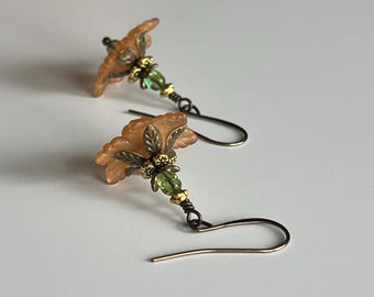 Orange Lucite Flower Bronze Tone Dangle Earrings