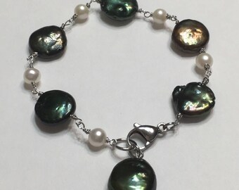Green  Keishi pearls bracelet, Rugged  pearl, Coin pearl, 7.” Large, Woman, Jewelry, Flat pearls bracelet, Station bracelet, Organic pearls