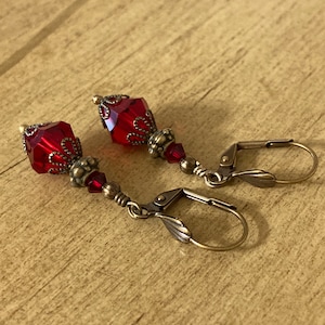 Red Glass Bronze Dangle Earring Vintage Style