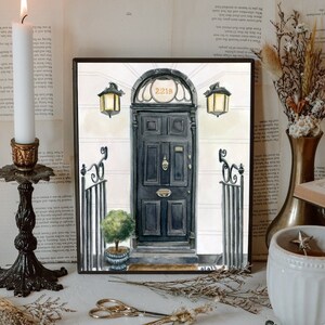 May include: A watercolor painting of a black door with a brass door knocker and the number 221B above it. The door is framed by a white building with two lanterns on either side.