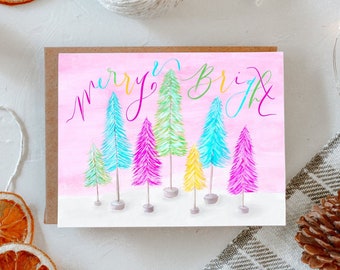 Vintage Colorful Holiday Trees Card / Hand Painted Art / Picking Christmas Tree Painting / Book Lover Gift / Cozy Pink Christmas Greetings