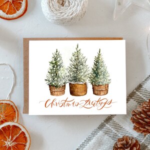 Carte trio d’arbres de Noël / vacances vintage / art peint à la main / cueillette de peinture d’arbre de Noël / cadeau d’amoureux des livres / salutations de Noël confortables