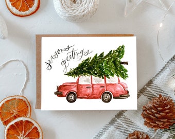 Holiday Car and Tree Card / Vintage Holiday / Hand Painted Art / Picking Christmas Tree Painting / Book Lover Gift / Cozy Christmas