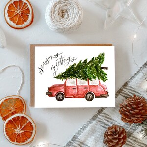 Holiday Car and Tree Card / Vintage Holiday / Hand Painted Art / Picking Christmas Tree Painting / Book Lover Gift / Cozy Christmas