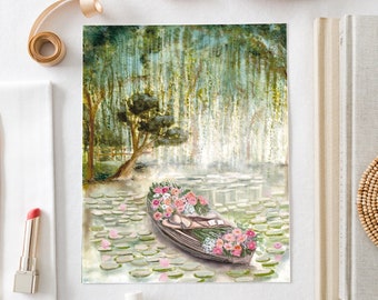 Lady of Shalott Print. Anne Shirley. LM Montgomery. Book Lover Gift. Book Wall Art. Watercolor. Cottagecore. Reader Decor. Library Artwork