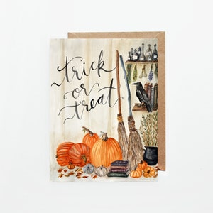 Carte d’Halloween / Trick or Treat / Cadeaux d’automne / Halloween Wall Art / Corbeau / Balai / Sorcière / Apothicaire Art / Décor d’automne